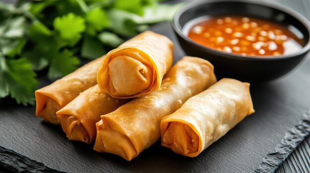 Chinese spring rolls with sauce on a black slate photo