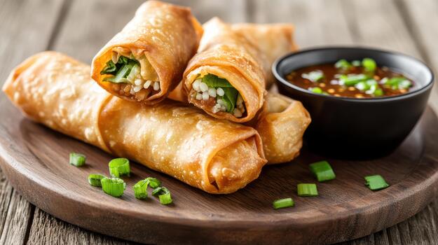 Chinese spring rolls with dipping sauce on a wooden table photo