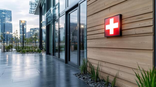 A red cross on a building with a city skyline in the background photo