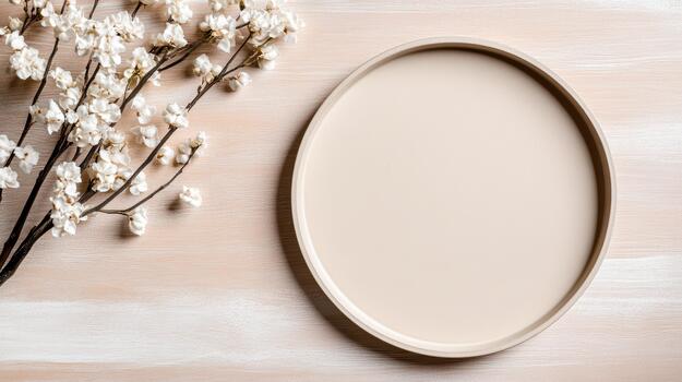 An empty oval plate on a wooden table photo