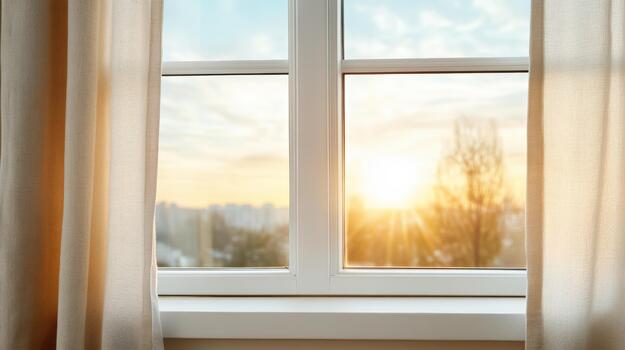 A window with curtains and a view of the sun setting photo