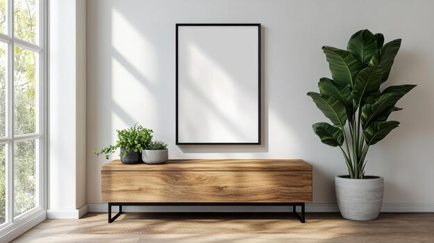 A blank frame sits on a wooden chest in front of a window photo
