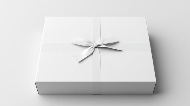White gift box with ribbon on a plain surface photo
