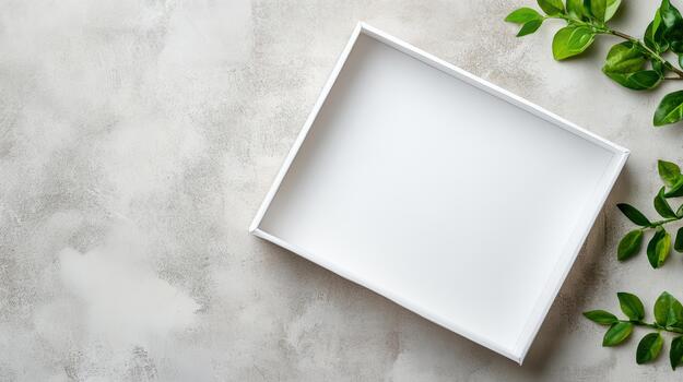 White square box with green leaves on concrete background photo