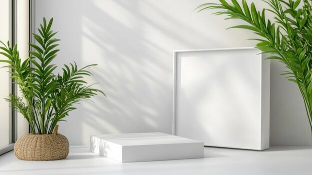 Mock up of a blank white frame with a plant in front of it photo
