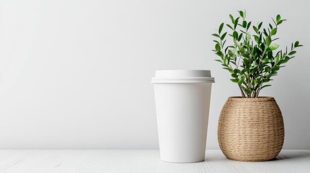 White paper cup and plant on wooden table with copy space for text photo