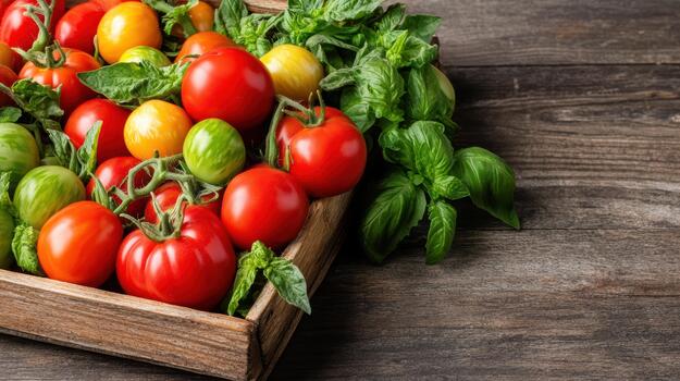 Fresh tomatoes in a wooden crate on a wooden table photo