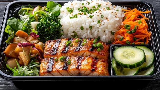 A black plastic container with rice, vegetables and salmon photo