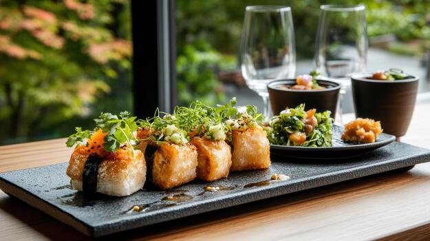 A plate with sushi and drinks on a table photo