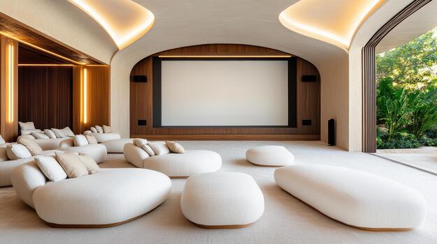 A modern home theater with white sofas and a projection screen photo