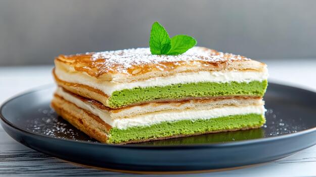 A stack of green and white cake on a plate photo