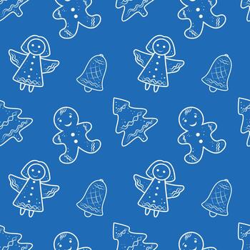 pan de jengibre Galleta sin costura patrón, azul antecedentes. fiesta Galleta repetir patrón, festivo teja. Navidad galleta patrón, pan de jengibre motivo vector