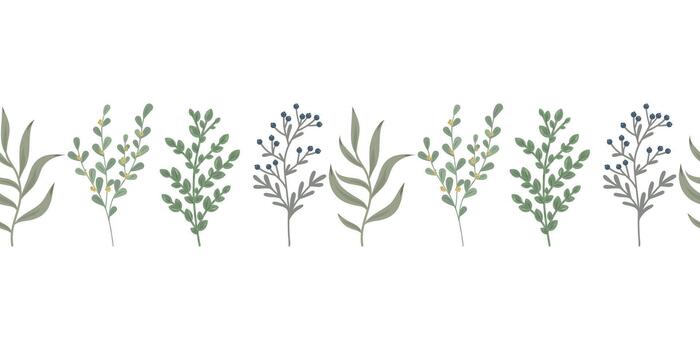 Twig seamless border, leafy background. Botanical twig border, foliage frame. Leafy border illustration vector