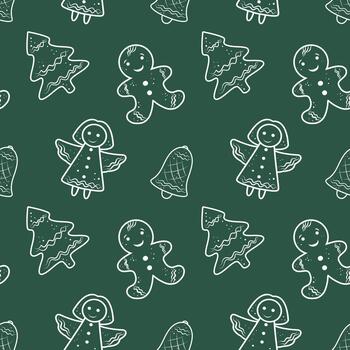 Green gingerbread cookies seamless pattern, holiday motif. Christmas cookie repeat pattern, festive background. Gingerbread pattern, baking and holiday design vector