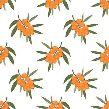 Sea buckthorn seamless pattern, berry branch print. Buckthorn berry botanical pattern, orange berry motif. Botanical sea buckthorn repeat, natural ingredient texture vector