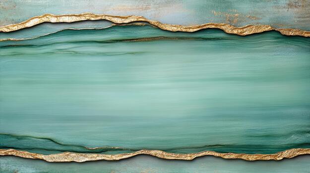 Golden frame with turquoise paint on a green background photo