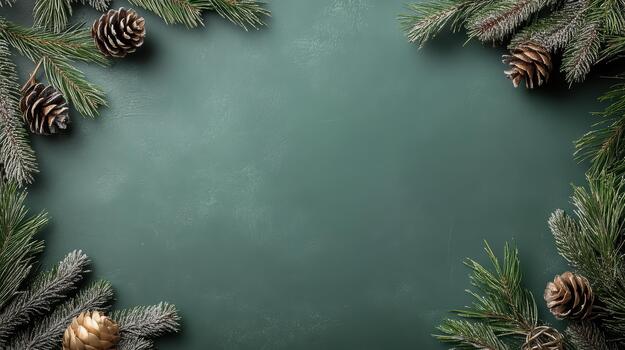 Christmas frame with fir branches and pine cones on a blackboard photo