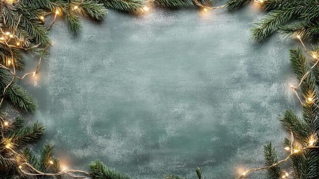 Christmas frame with fir branches and christmas lights on a blackboard photo