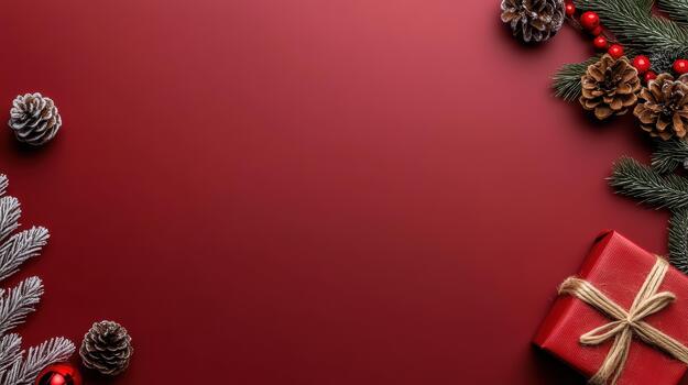 Christmas red background with fir branches, pine cones and presents photo
