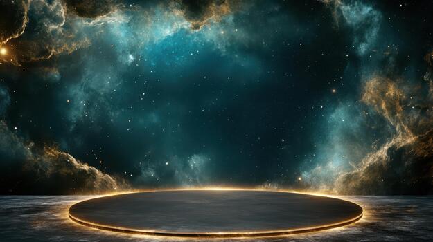 A dark, empty space with a round table and a bright star photo