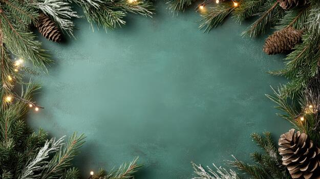 Christmas frame with fir branches and pine cones on a dark blue background photo
