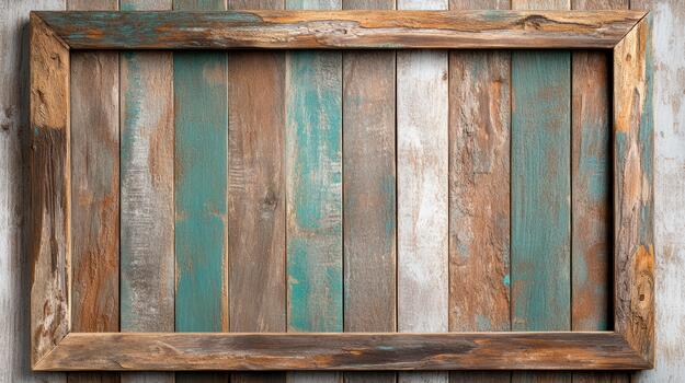 Old wooden frame with turquoise paint on it photo