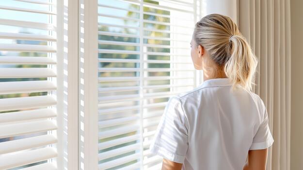 A woman looking out the window with blinds open photo