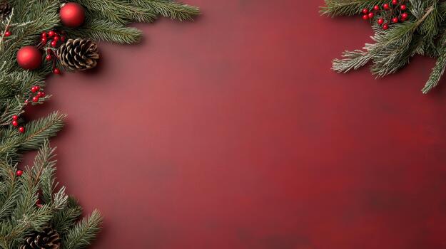 Christmas red background with fir branches and red berries photo