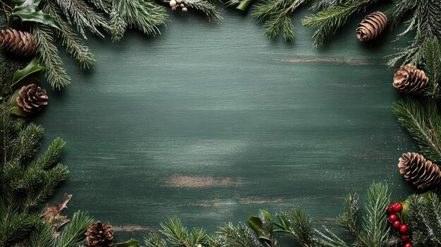 Christmas frame with fir branches and berries on a green background photo