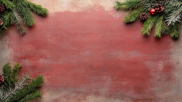 Christmas background with fir branches and red paint photo