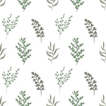 Twig seamless pattern, leafy background with different leaves. Botanical twig motif, pattern tile design. Leaf and branch pattern, nature background vector