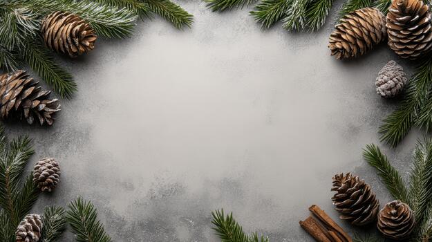 Christmas frame with fir branches and cinnamon sticks on gray background photo