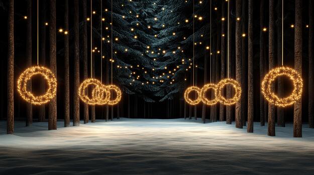 Christmas lights in a forest with snow photo