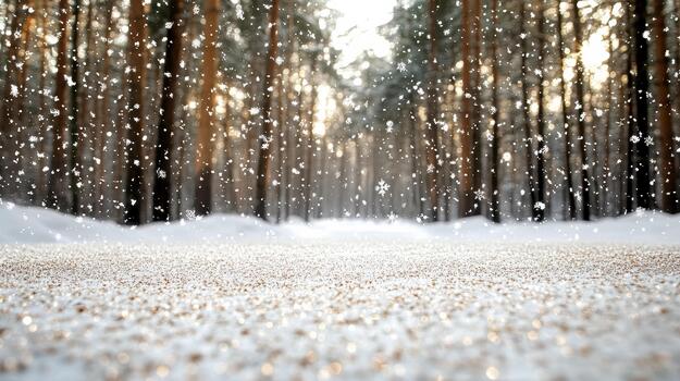 A snowy forest with trees and snow falling photo