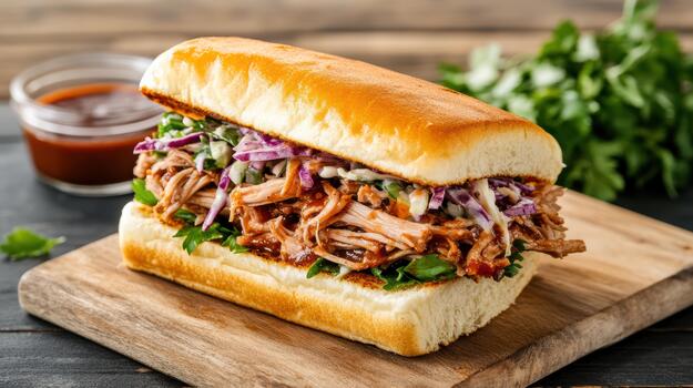 Pulled pork sandwich with coleslaw on a wooden cutting board photo