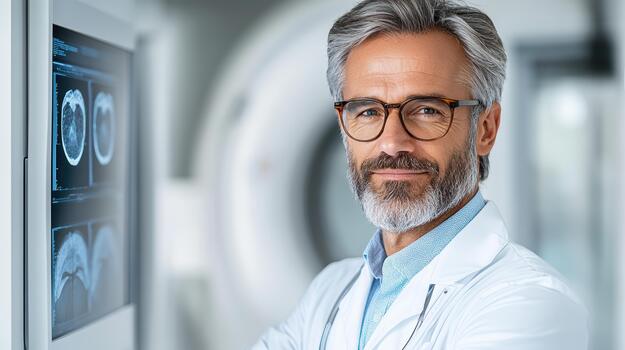A man in a lab coat and glasses standing in front of a mri screen photo