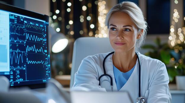A woman in a white coat is looking at a computer screen photo