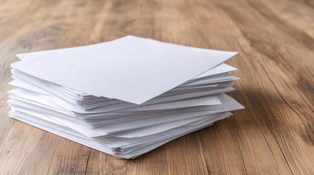Stack of white paper on wooden table photo