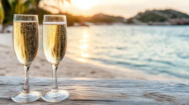 dos champán flautas en un de madera mesa con el Dom ajuste en el antecedentes foto