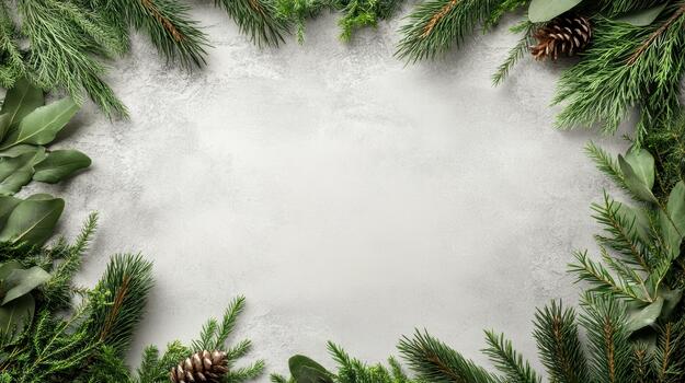 Christmas frame with green branches and pine cones on concrete photo