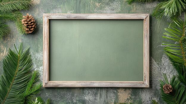 Green frame with pine cones and fir branches on a grunge background photo
