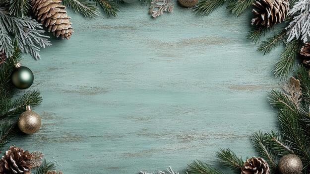 Christmas frame with fir branches, pine cones and ornaments on a blue background photo