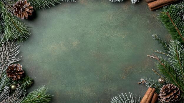 Christmas frame with fir branches, cinnamon sticks, and pine cones on a green background photo