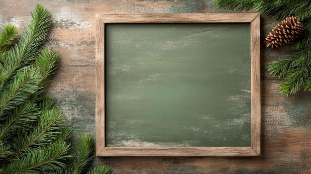 Navidad árbol ramas y un pizarra en un rústico antecedentes foto