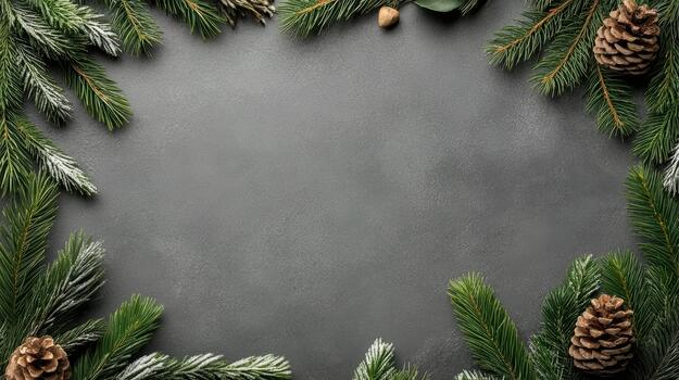 Christmas frame with fir branches and cones on a black background photo
