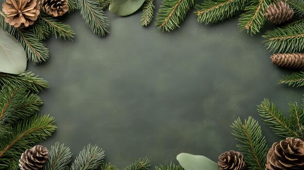 Christmas frame with fir branches and eucalyptus leaves on a black background photo