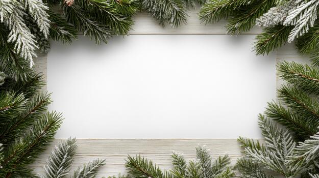 Christmas frame with fir branches and snow on white wooden background photo