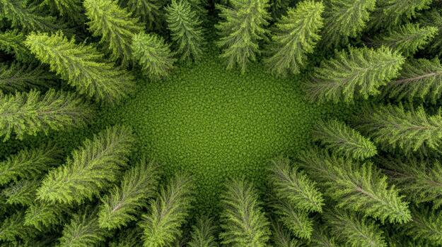 Top view of green pine forest from above photo