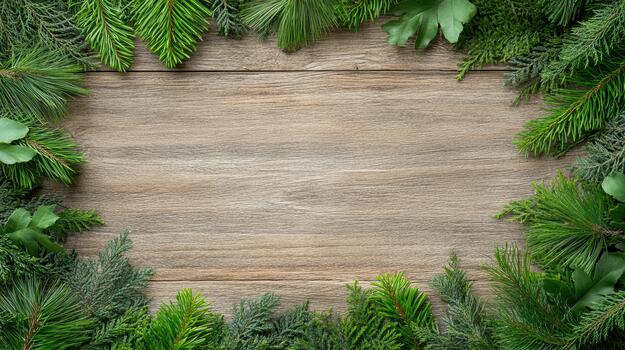 Christmas frame with green fir branches and pine needles on wooden background photo