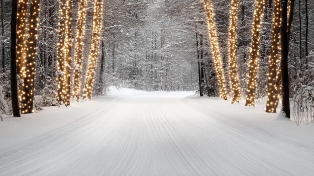 A snowy road with trees lined with lights photo